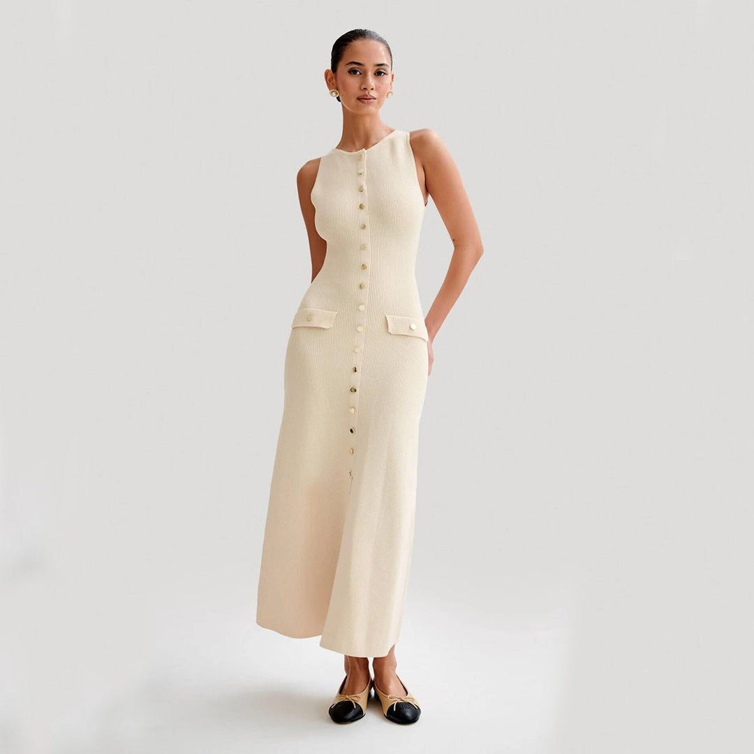 Sleeveless maxi dress featuring a button front, flap pockets, and a ribbed knit design, perfect for casual summer outings for women. 4