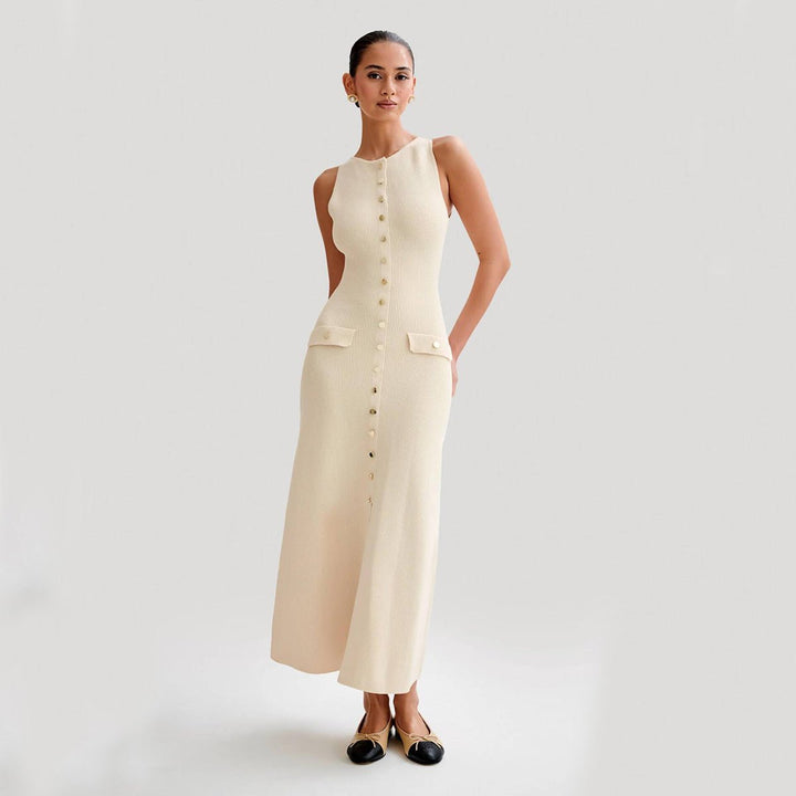 Sleeveless maxi dress featuring a button front, flap pockets, and a ribbed knit design, perfect for casual summer outings for women. 4