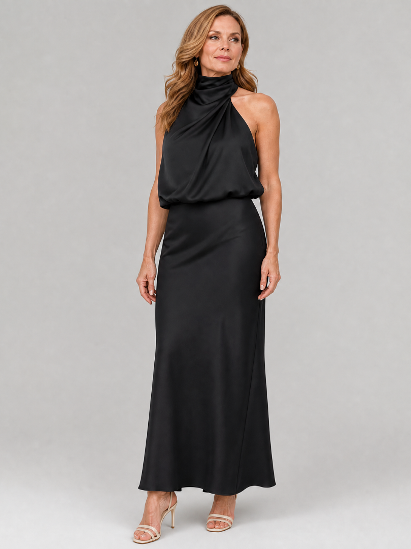 Sleeveless Midi Dress with Draped Neckline and Gathered Waist – Elegant Day-to-Night Wear in Smooth Fabric 5