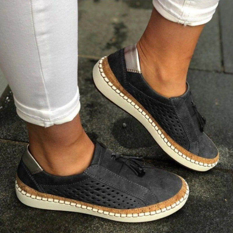 Slip on shoes featuring arch support and a breathable knit upper, designed for lightweight comfort and non-slip traction on all terrains. 4