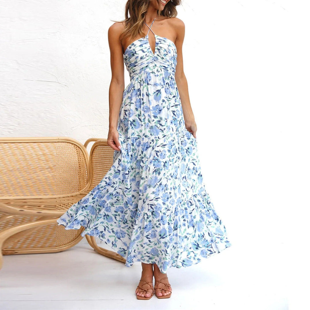 Tiered maxi dress featuring an adjustable halter neckline, made from lightweight breathable fabric, perfect for both casual and formal occasions. 10