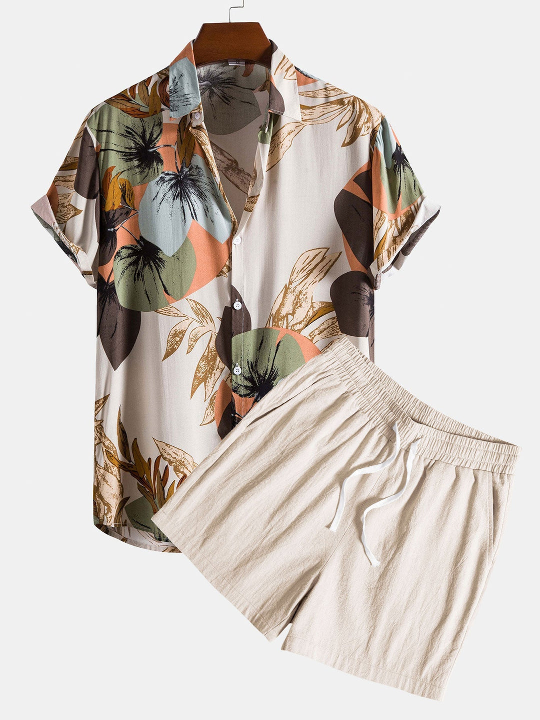 Tropical print shirt paired with textured cotton shorts, featuring a regular fit and 5-inch inseam, perfect for summer outings. 0