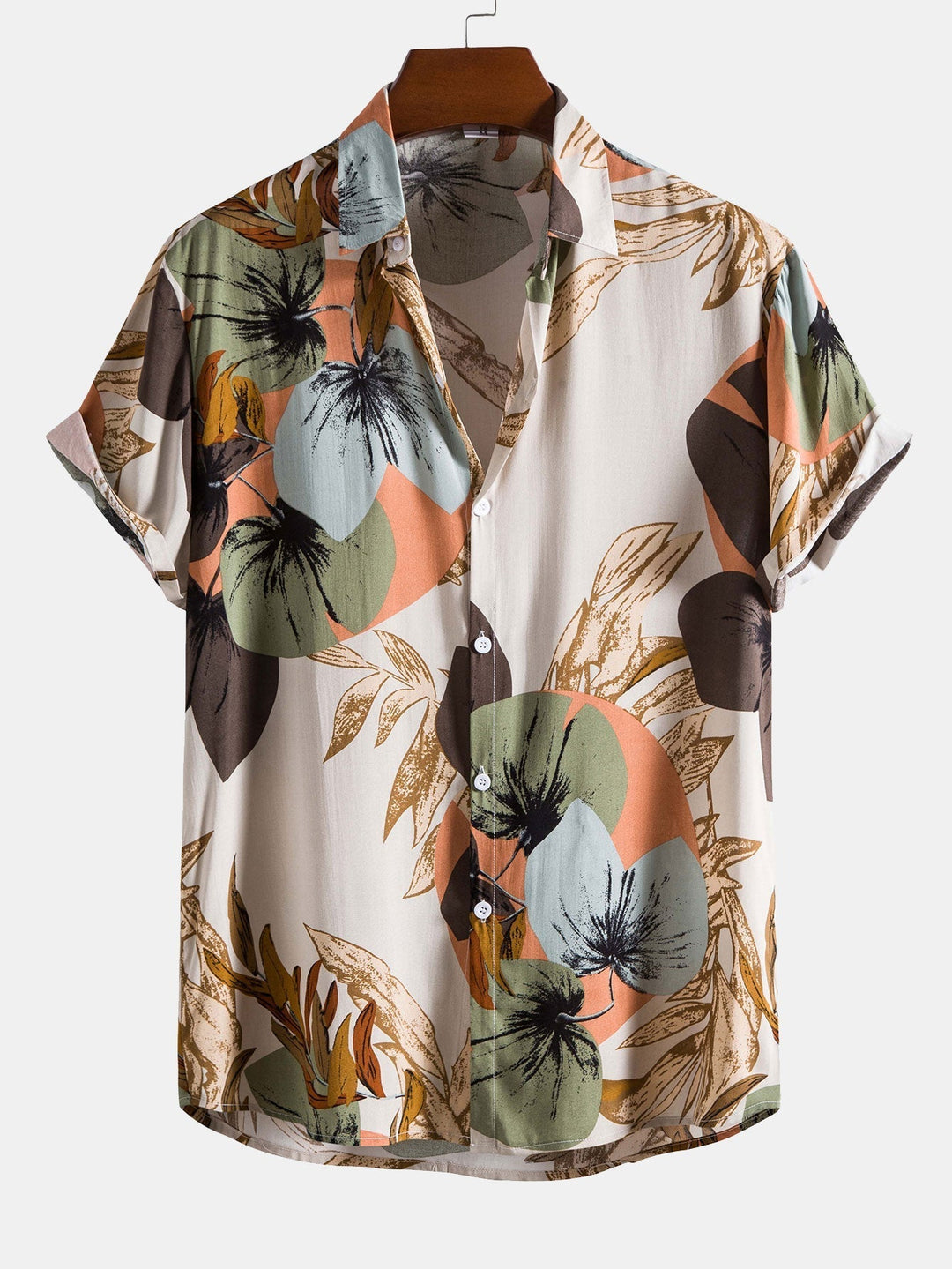 Tropical print shirt paired with textured cotton shorts, featuring a regular fit and 5-inch inseam, perfect for summer outings. 1