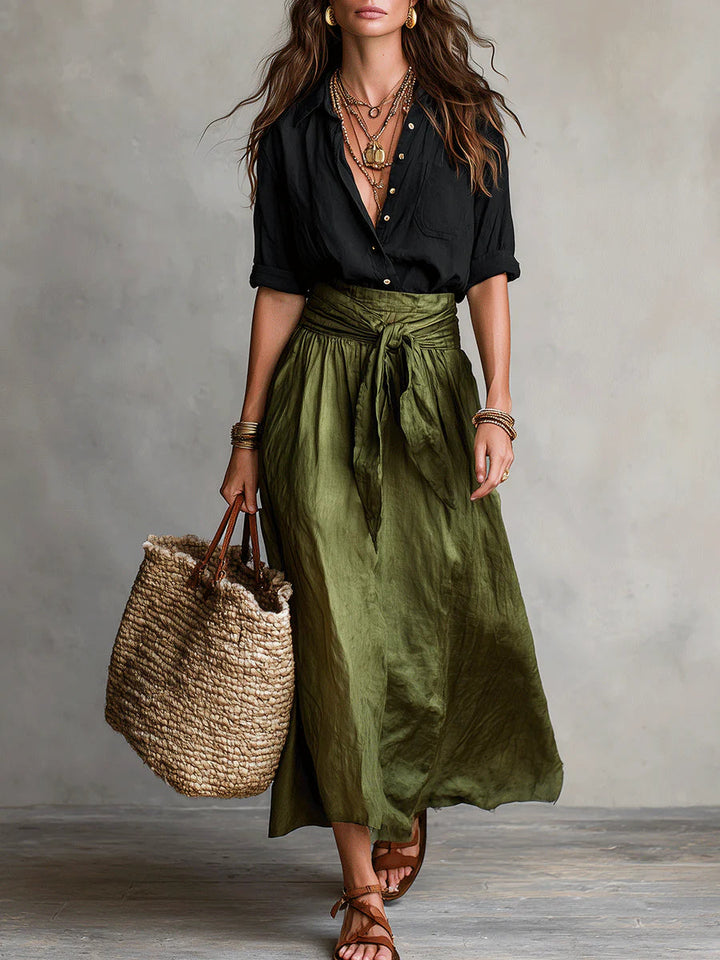 Two-piece women's outfit set featuring a stylish black button shirt and an olive green midi skirt, designed for plus size clothing. 0