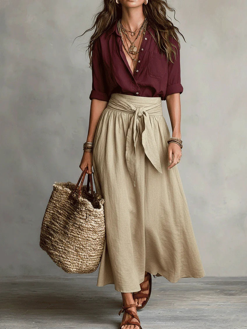 Two-piece women's outfit set featuring a stylish black button shirt and an olive green midi skirt, designed for plus size clothing. 7