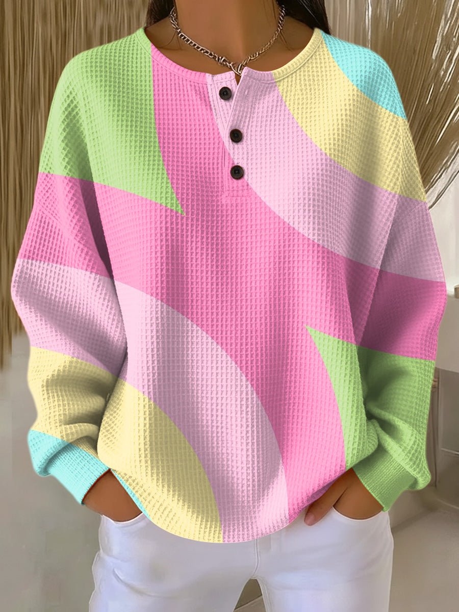 Waffle Knit Henley Sweater with Oversized Fit and Geometric Color Blocking – Cozy Double-Layer Fabric 0