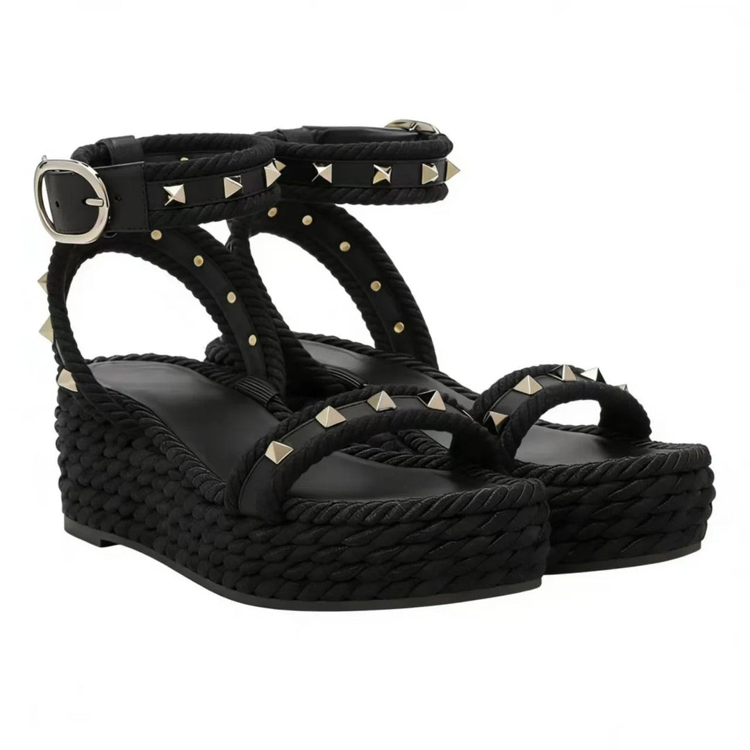 Wedge sandals for women featuring a studded ankle strap and Roman-inspired elevated platform heels, perfect for stylish summer outfits. 1