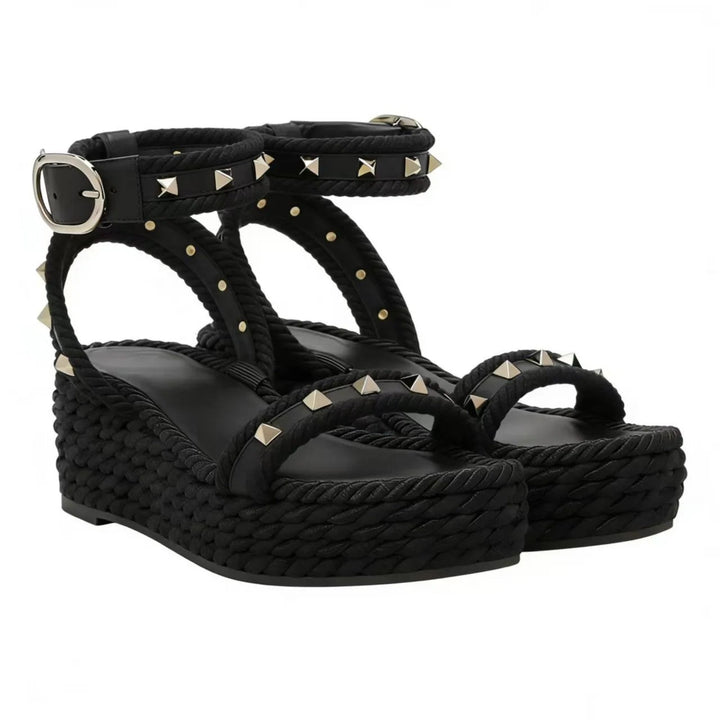 Wedge sandals for women featuring a studded ankle strap and Roman-inspired elevated platform heels, perfect for stylish summer outfits. 1