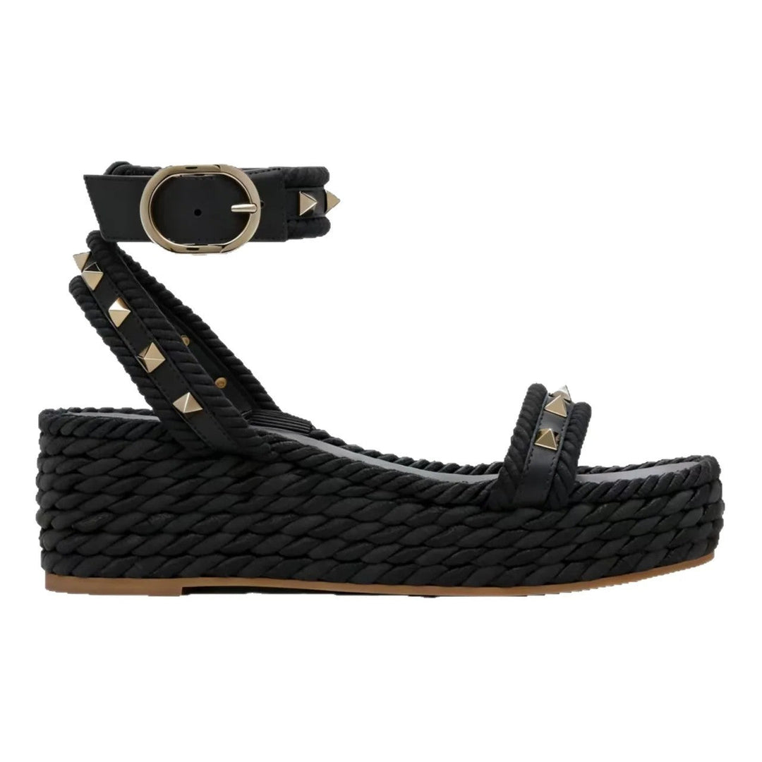 Wedge sandals for women featuring a studded ankle strap and Roman-inspired elevated platform heels, perfect for stylish summer outfits. 2