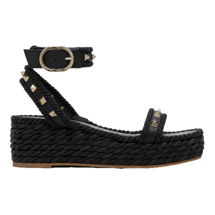Wedge sandals for women featuring a studded ankle strap and Roman-inspired elevated platform heels, perfect for stylish summer outfits. 2