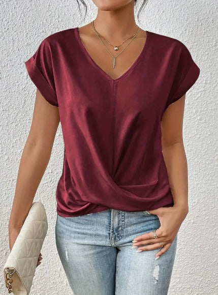 Women's Blouse with V-Neck and Short Sleeves – Casual White Summer Top for Women