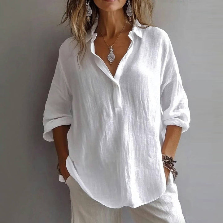 White Blouse for Women with Button Details and Revere Collar – Elegant Soft Cotton Blend Top, Plus Size Available 0