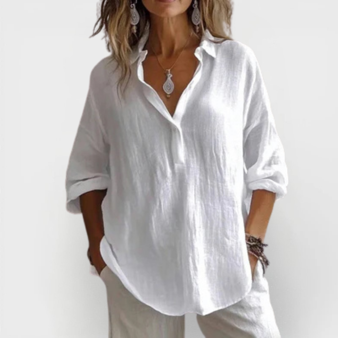 White Blouse for Women with Button Details and Revere Collar – Elegant Soft Cotton Blend Top, Plus Size Available 1