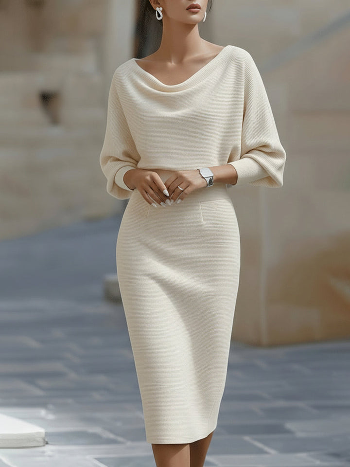 White Midi Dress with Draped Cowl Neckline and Batwing Sleeves – Elegant Long Sleeve Design 2