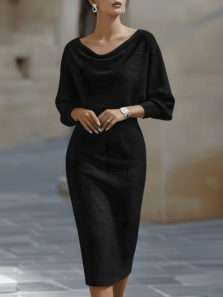 White Midi Dress with Draped Cowl Neckline and Batwing Sleeves – Elegant Long Sleeve Design 3
