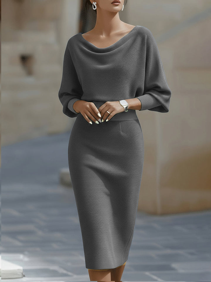 White Midi Dress with Draped Cowl Neckline and Batwing Sleeves – Elegant Long Sleeve Design 8