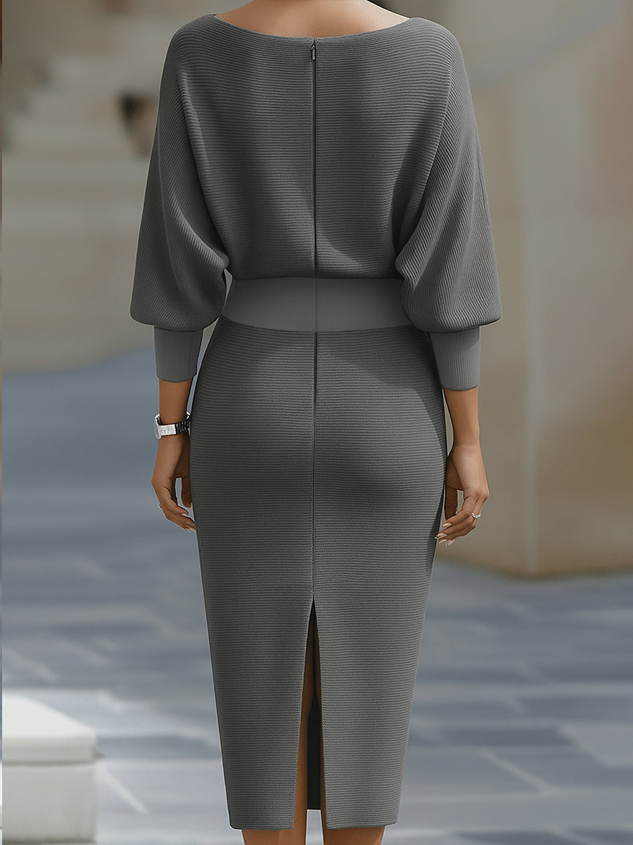 White Midi Dress with Draped Cowl Neckline and Batwing Sleeves – Elegant Long Sleeve Design 9