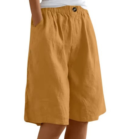 Wide leg Bermuda shorts for women featuring an elastic waist and convenient side pockets, designed for a casual knee-length fit perfect for summer outings. 10