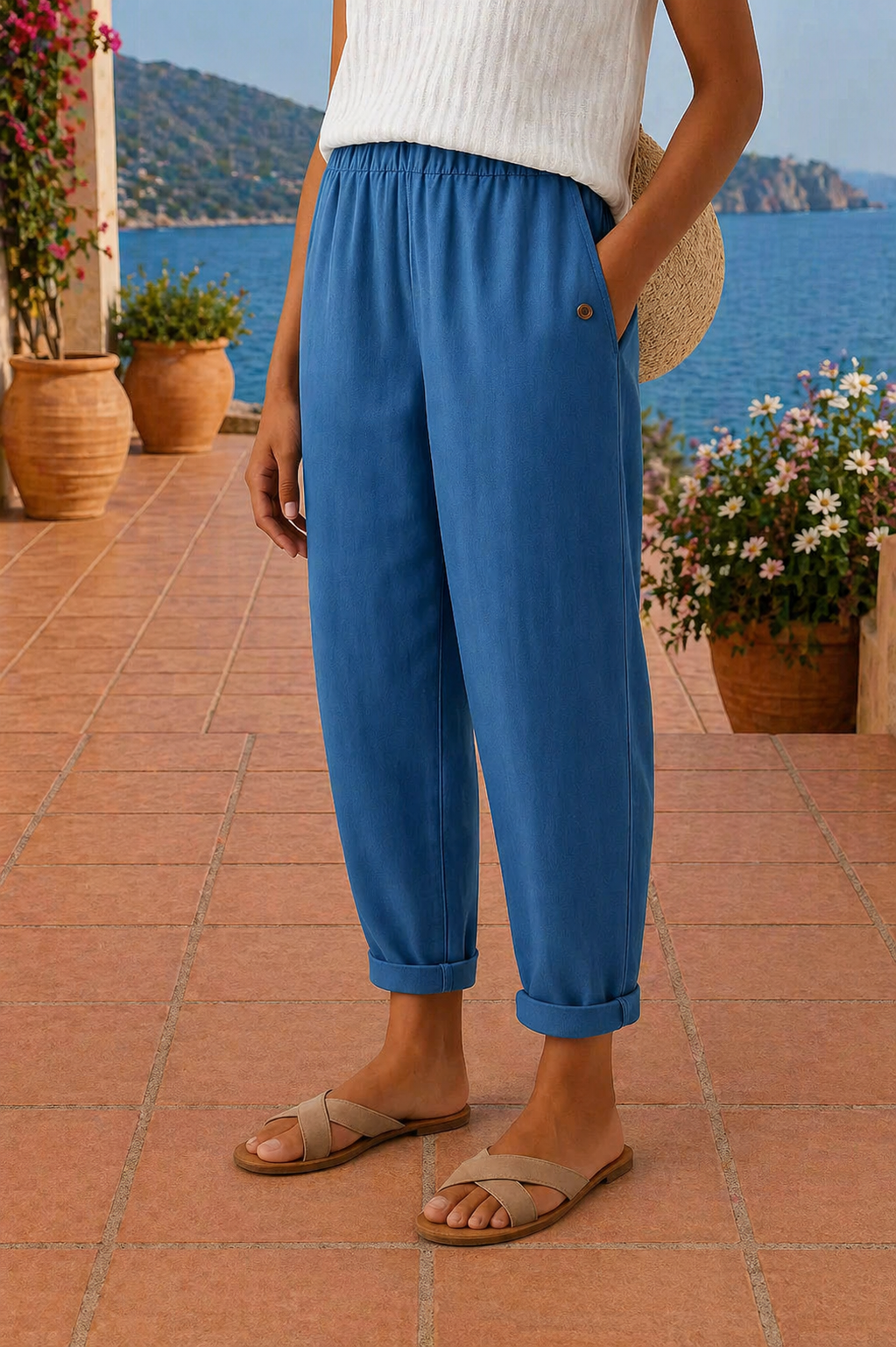Wide Leg Linen Pants for Women with Comfortable Waistband – Lightweight Breathable White Beach Pants 2