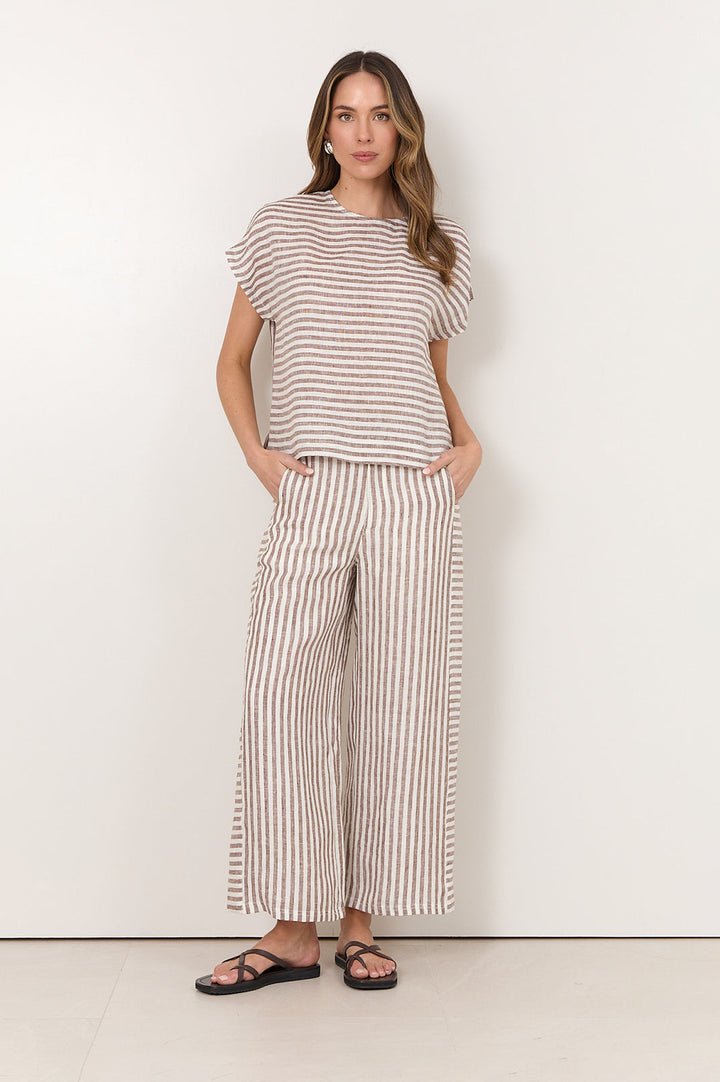 Wide leg linen pants for women featuring a stylish stripe design and contrast panels in chocolate and white, perfect for a trendy and comfortable summer look. 3