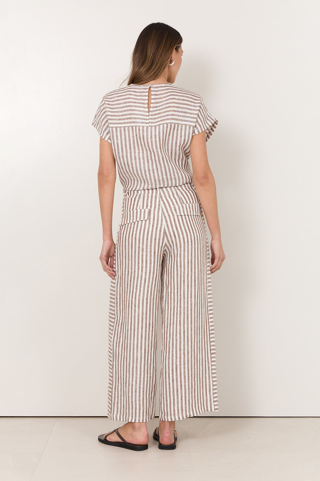 Wide leg linen pants for women featuring a stylish stripe design and contrast panels in chocolate and white, perfect for a trendy and comfortable summer look. 4