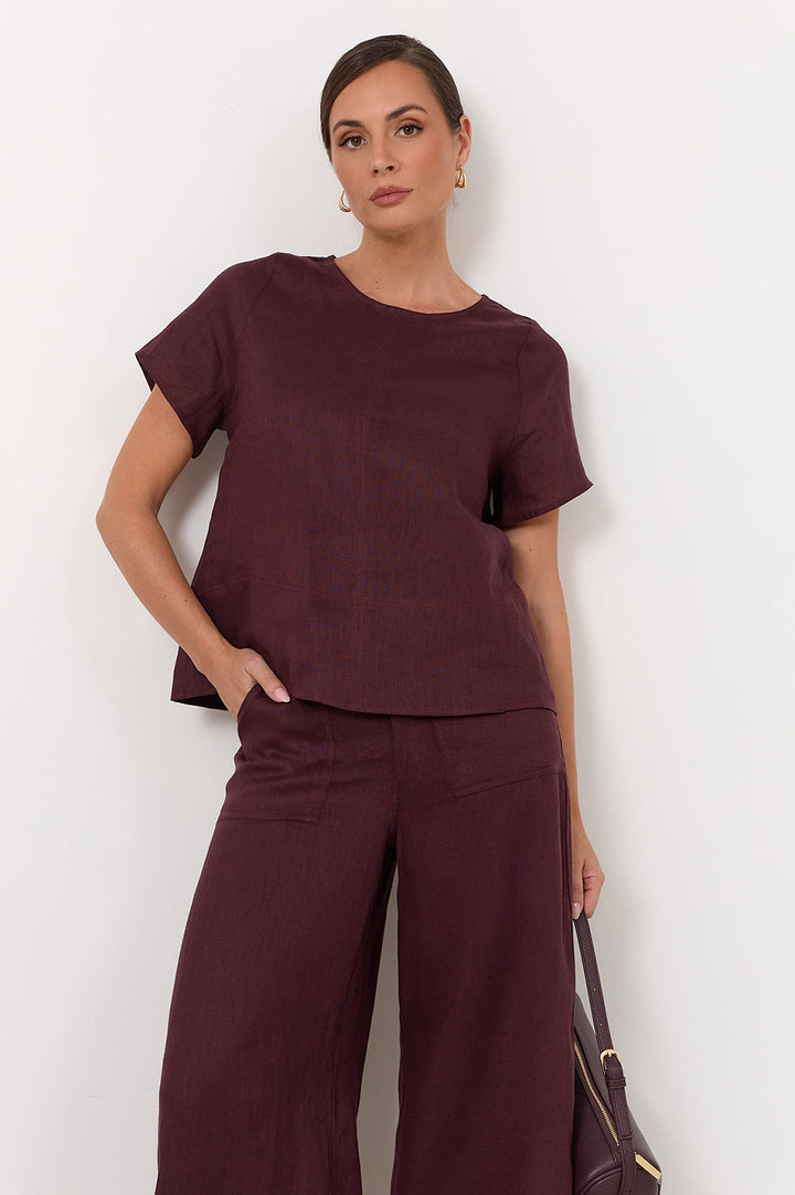 Wide leg linen pants for women in plum color featuring a zip fly and front pockets, perfect for stylish and comfortable summer wear. 2