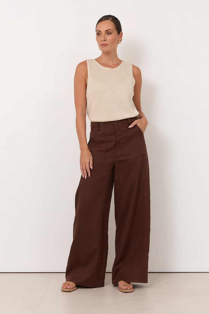 Wide leg linen pants for women in chocolate color, featuring a zip fly and pockets, perfect for casual style and comfortable wear. 4