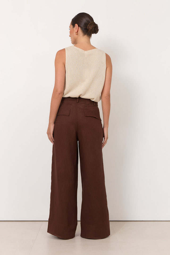 Wide leg linen pants for women in chocolate color, featuring a zip fly and pockets, perfect for casual style and comfortable wear. 5
