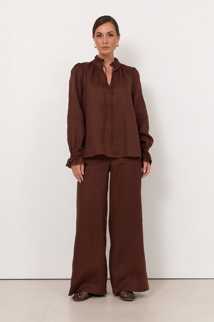 Wide leg linen pants for women in chocolate color, featuring a zip fly and pockets, perfect for casual style and comfortable wear. 6