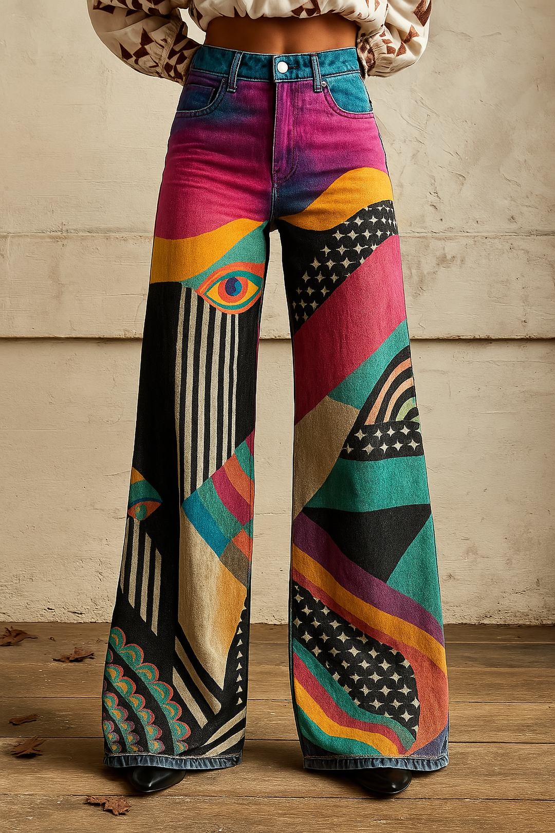 Wide leg pants for women featuring artistic graphic prints, designed as breathable lightweight palazzo trousers for comfortable and stylish wear. 0