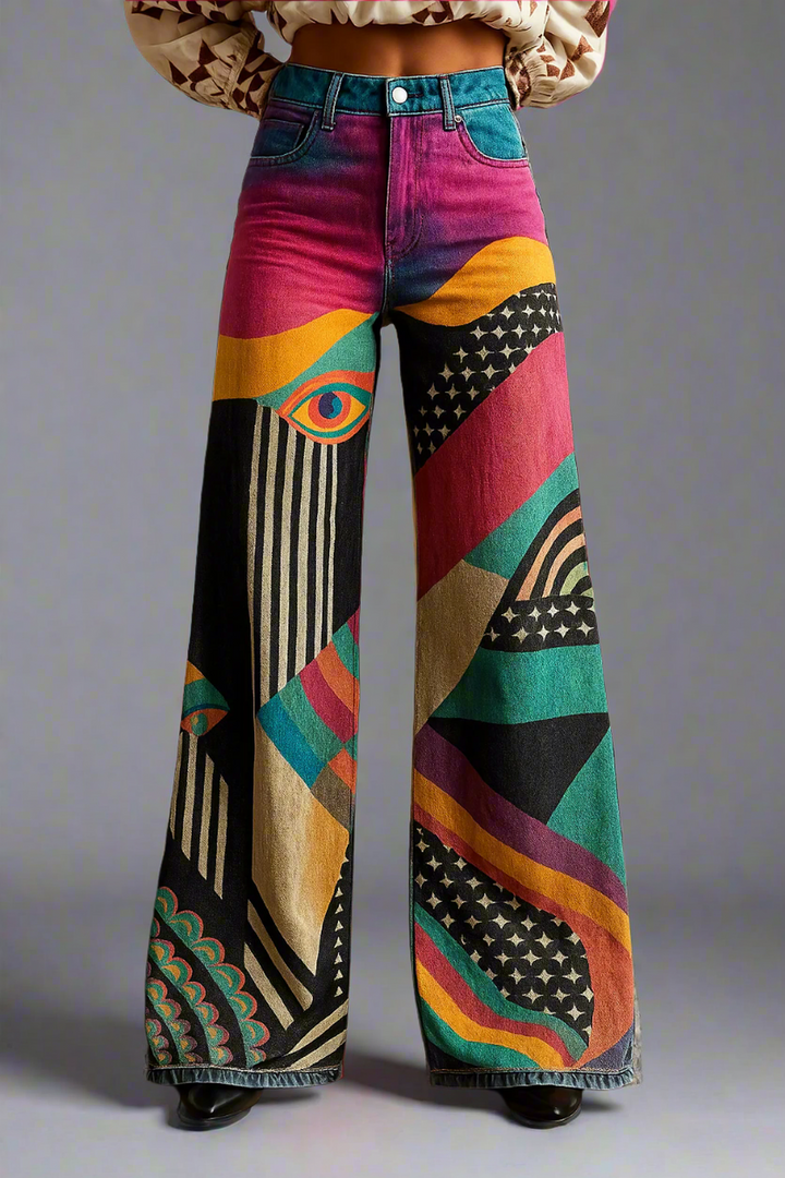 Wide leg pants for women featuring artistic graphic prints, designed as breathable lightweight palazzo trousers for comfortable and stylish wear. 1