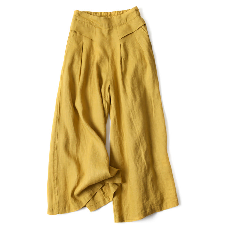 Wide leg pants for women featuring a high waist design, pockets, and made from a flowy cotton-linen blend for casual comfort and style. 0