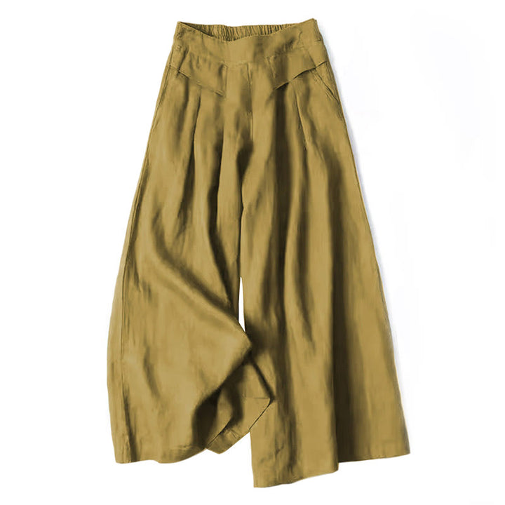 Wide leg pants for women featuring a high waist design, pockets, and made from a flowy cotton-linen blend for casual comfort and style. 12