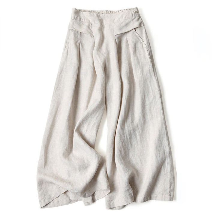 Wide leg pants for women featuring a high waist design, pockets, and made from a flowy cotton-linen blend for casual comfort and style. 14