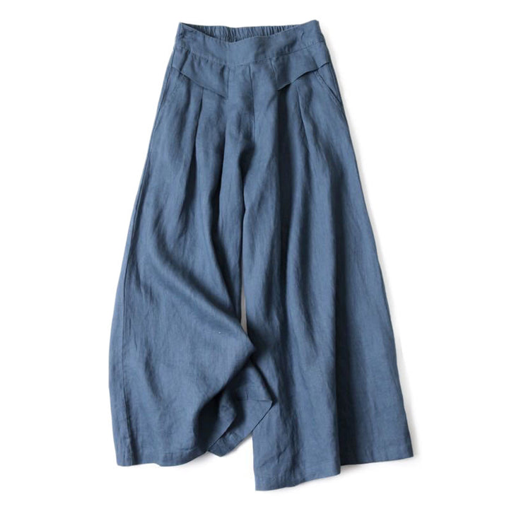 Wide leg pants for women featuring a high waist design, pockets, and made from a flowy cotton-linen blend for casual comfort and style. 5