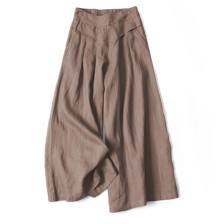 Wide leg pants for women featuring a high waist design, pockets, and made from a flowy cotton-linen blend for casual comfort and style. 8