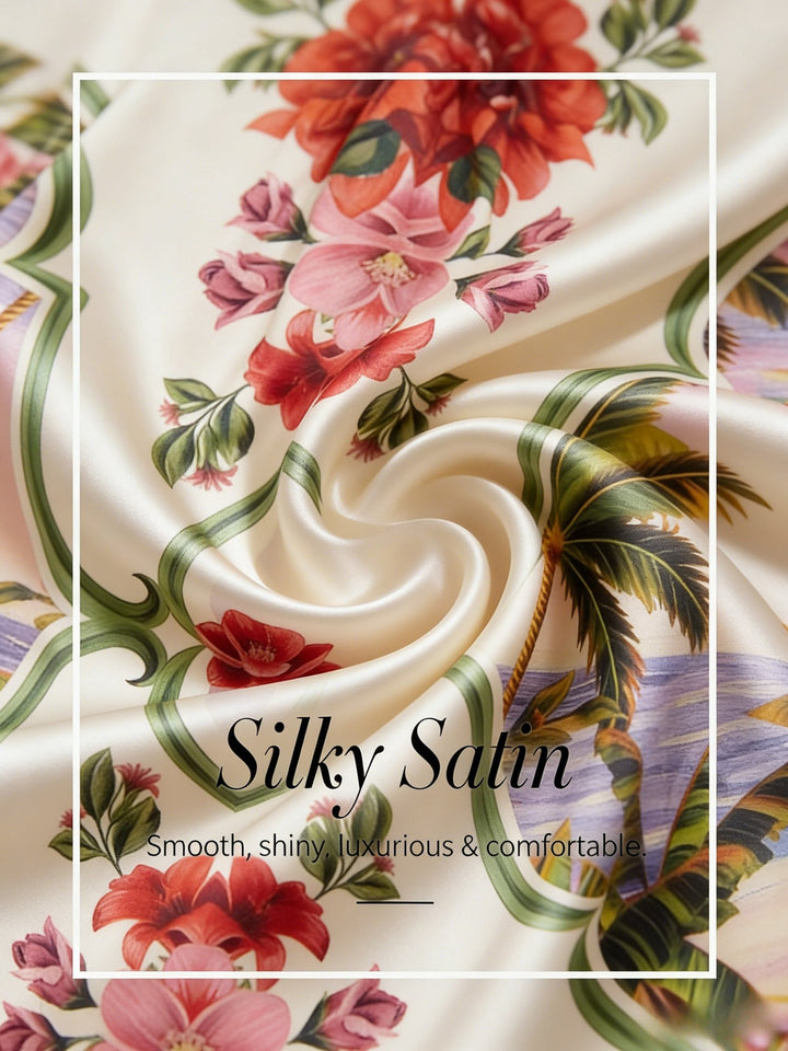Wide leg pants featuring a high-rise waist in a silky satin fabric with a vibrant tropical floral print, perfect for stylish summer outings. 3