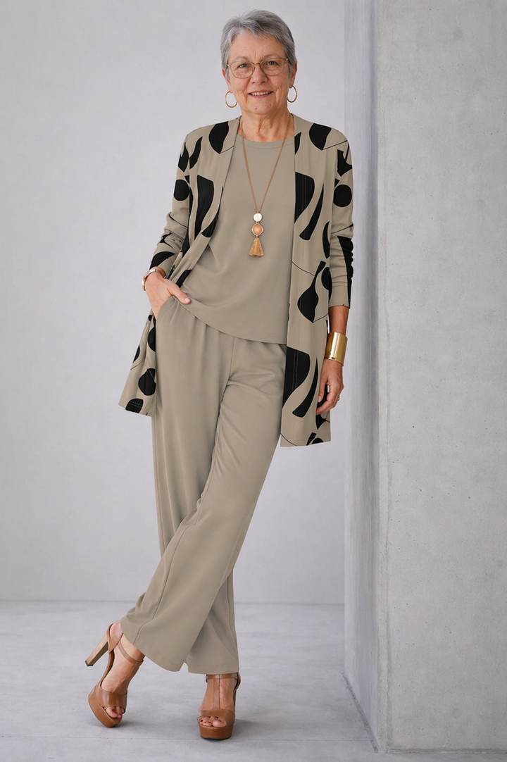 Women's 3-Piece Set with Relaxed Fit Cardigan, Long Sleeve Top, and Wide-Leg Trousers – Earthy Tones for Casual Elegance 0