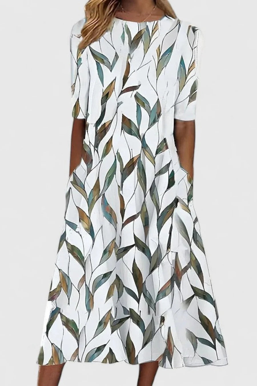 Women's A-Line Midi Dress with Pockets in breathable cotton featuring a blue floral pattern on a white background. 1