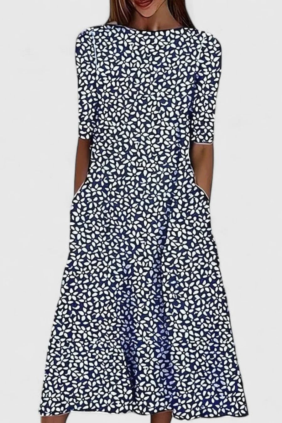 Women's A-Line Midi Dress with Pockets in breathable cotton featuring a blue floral pattern on a white background. 2