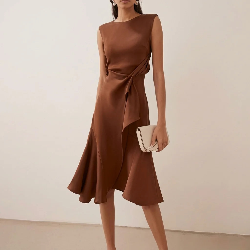 Women's asymmetrical midi dress featuring elegant draped detail, perfect for summer cocktail parties and formal occasions. 1