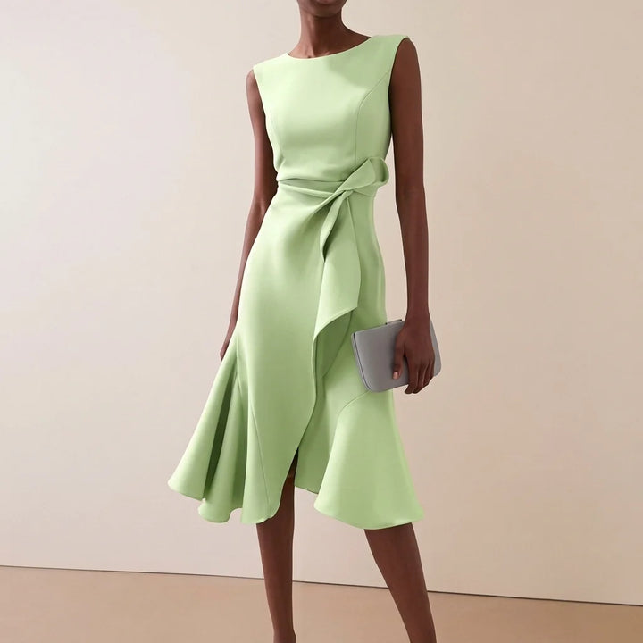 Women's asymmetrical midi dress featuring elegant draped detail, perfect for summer cocktail parties and formal occasions. 2