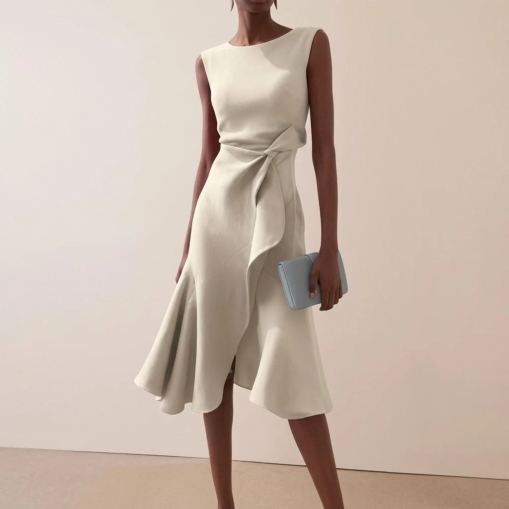 Women's asymmetrical midi dress featuring elegant draped detail, perfect for summer cocktail parties and formal occasions. 3