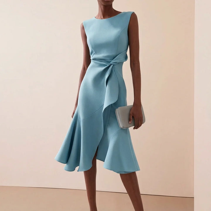 Women's asymmetrical midi dress featuring elegant draped detail, perfect for summer cocktail parties and formal occasions. 4