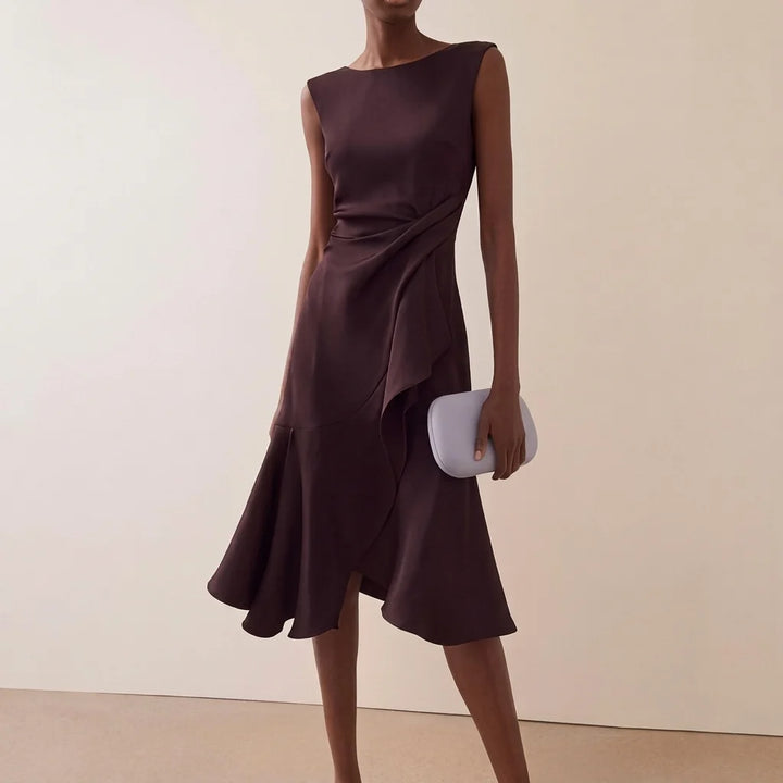 Women's asymmetrical midi dress featuring elegant draped detail, perfect for summer cocktail parties and formal occasions. 5