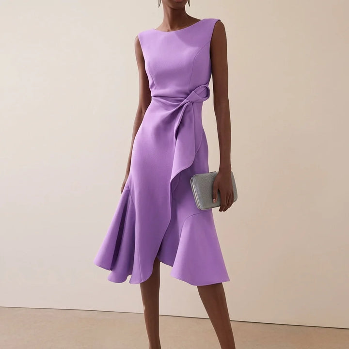 Women's asymmetrical midi dress featuring elegant draped detail, perfect for summer cocktail parties and formal occasions. 6