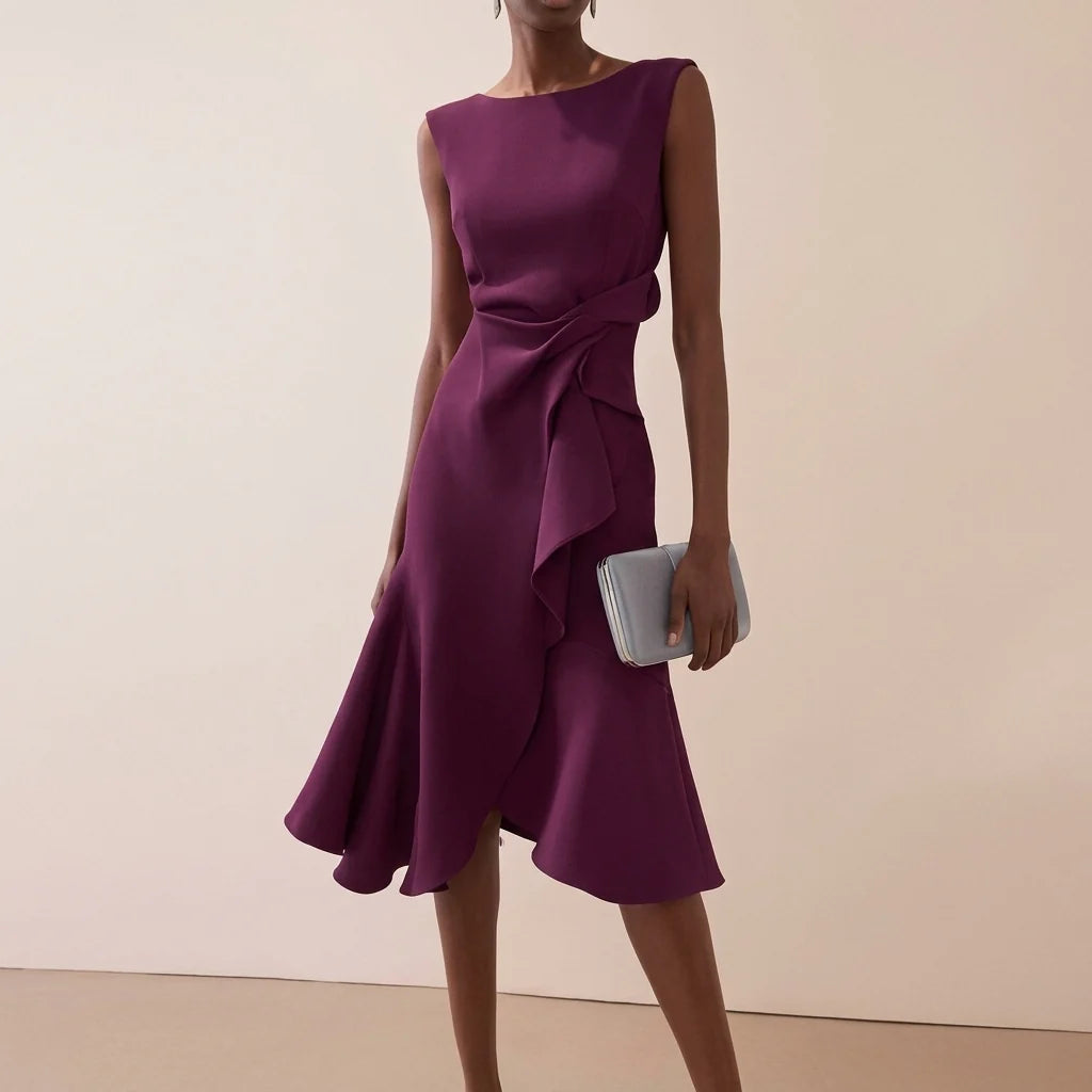 Women's asymmetrical midi dress featuring elegant draped detail, perfect for summer cocktail parties and formal occasions. 7