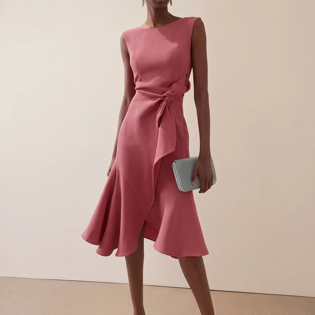 Women's asymmetrical midi dress featuring elegant draped detail, perfect for summer cocktail parties and formal occasions. 8