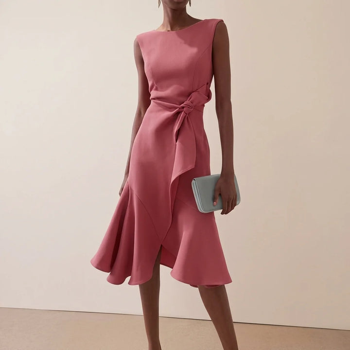 Women's asymmetrical midi dress featuring elegant draped detail, perfect for summer cocktail parties and formal occasions. 8