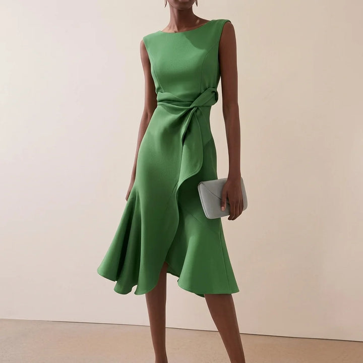 Women's asymmetrical midi dress featuring elegant draped detail, perfect for summer cocktail parties and formal occasions. 9